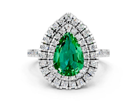 White gold Double Halo Pear Cut Emerald Pavé Band with Four-Prong Setting