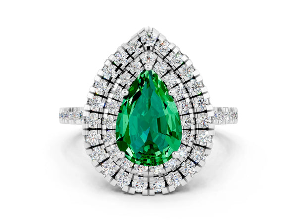 Silver Double Halo Pear Cut Emerald Pavé Band with Four-Prong Setting