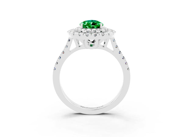 Platinum Double Halo Pear Cut Emerald Pavé Band with Four-Prong Setting