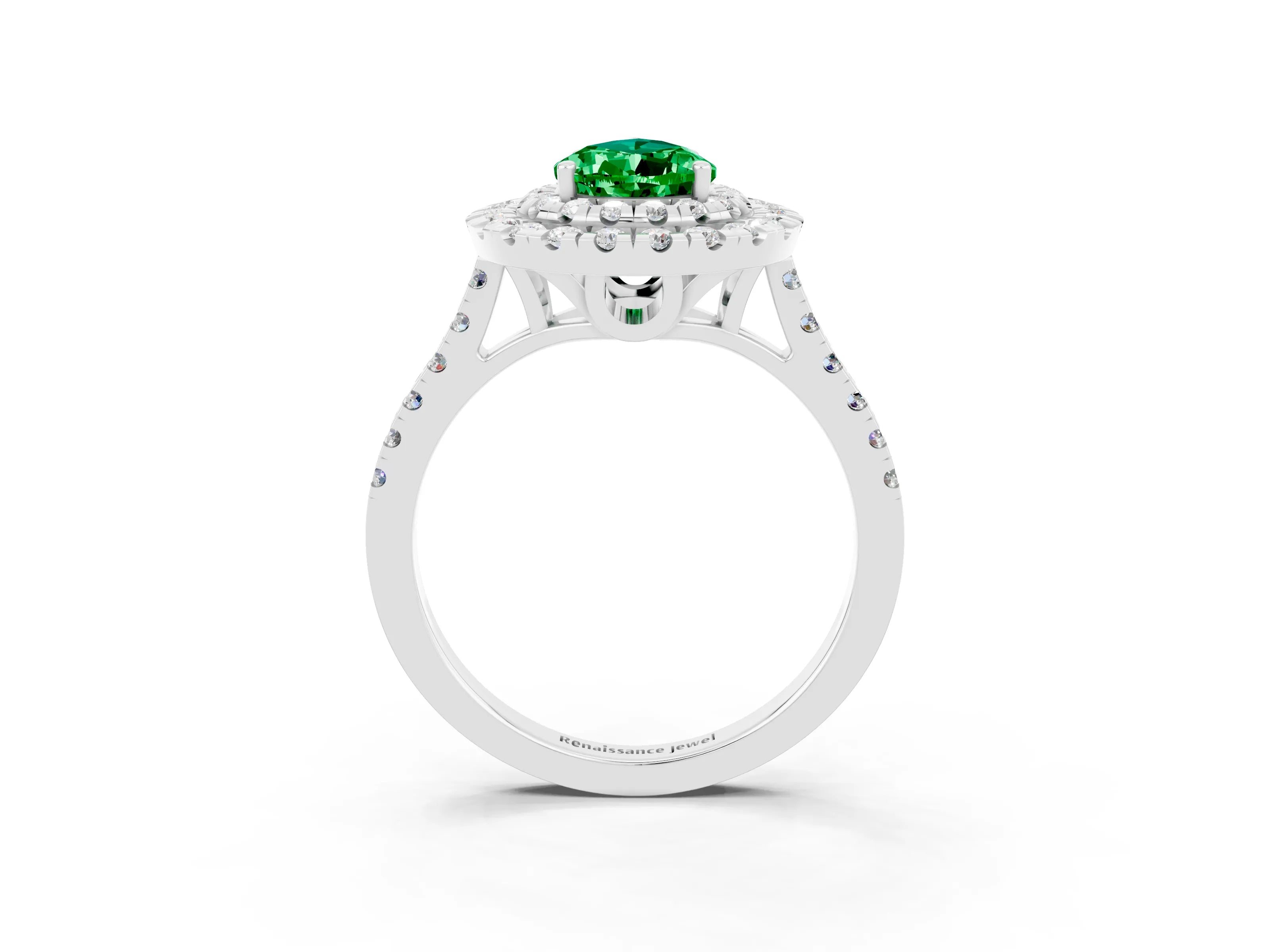 White gold Double Halo Pear Cut Emerald Pavé Band with Four-Prong Setting_3
