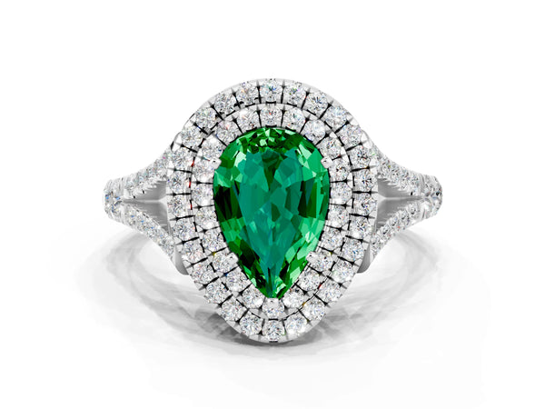 Platinum Double Halo Pear Cut Emerald Pavé Split Shank Ring with Prong Setting