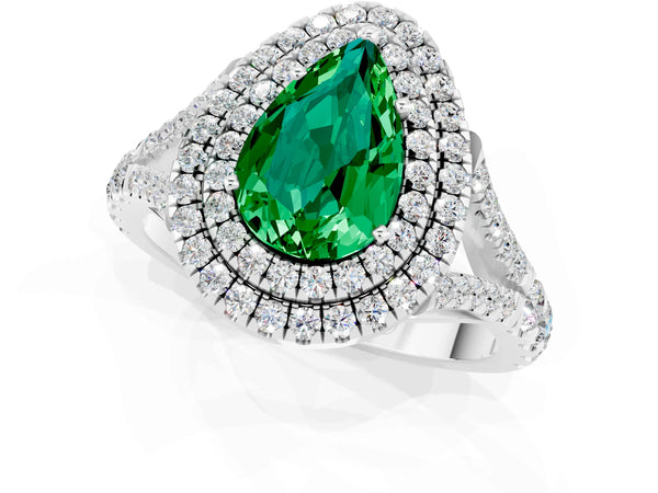 Silver Double Halo Pear Cut Emerald Pavé Split Shank Ring with Prong Setting