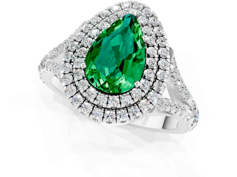 White gold Double Halo Pear Cut Emerald Pavé Split Shank Ring with Prong Setting_1