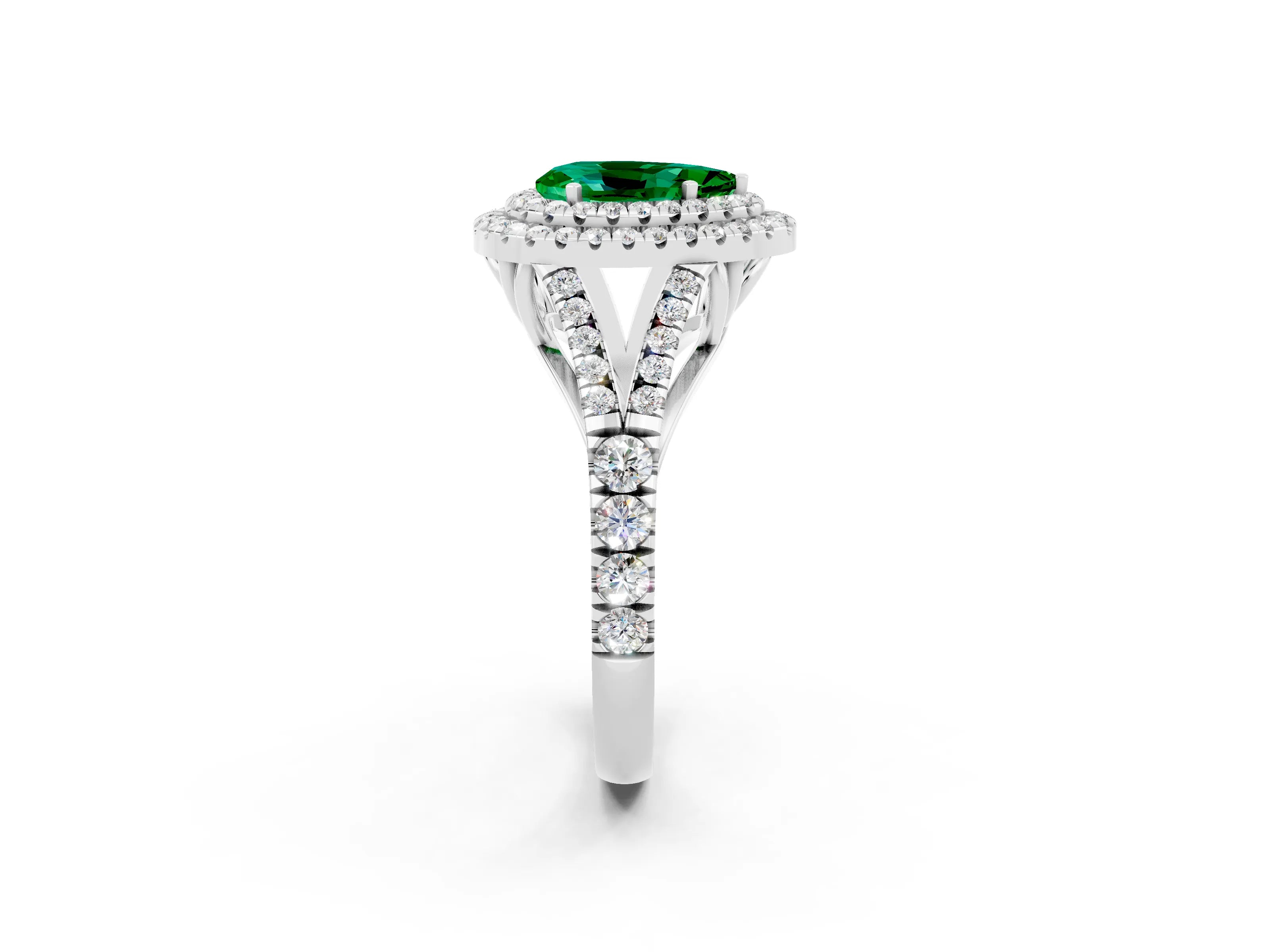 White gold Double Halo Pear Cut Emerald Pavé Split Shank Ring with Prong Setting_2