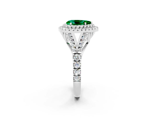 White gold Double Halo Pear Cut Emerald Pavé Split Shank Ring with Prong Setting