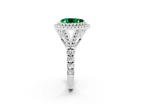 White gold Double Halo Pear Cut Emerald Pavé Split Shank Ring with Prong Setting_2