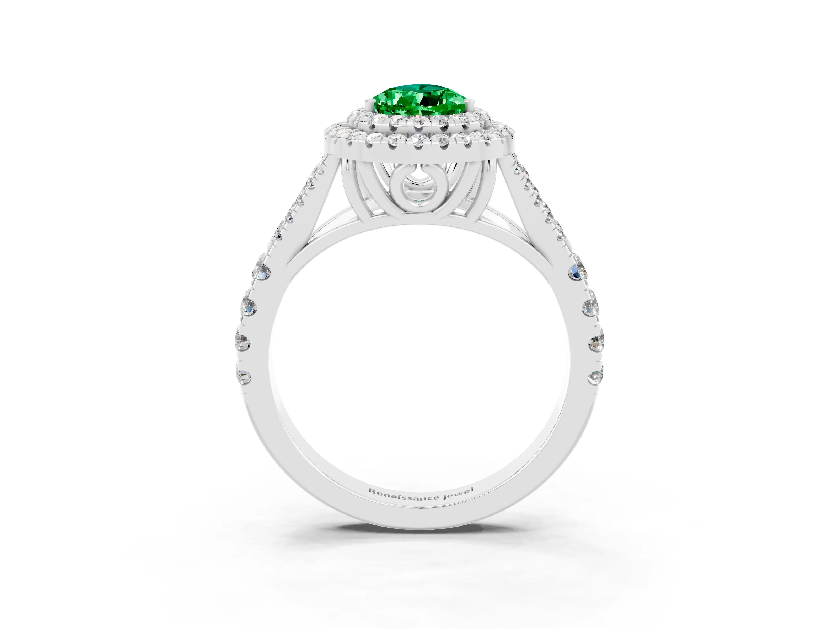 White gold Double Halo Pear Cut Emerald Pavé Split Shank Ring with Prong Setting_3