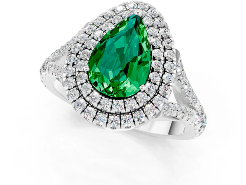 White gold Double Halo Pear Cut Emerald Split Shank Engagement Ring with Four-Prong Setting_1