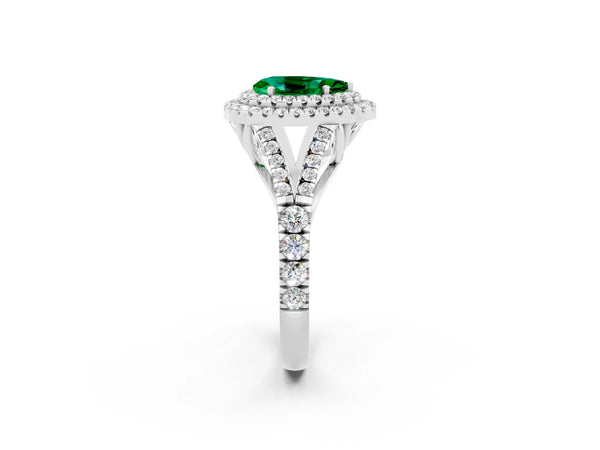 Silver Double Halo Pear Cut Emerald Split Shank Engagement Ring with Four-Prong Setting