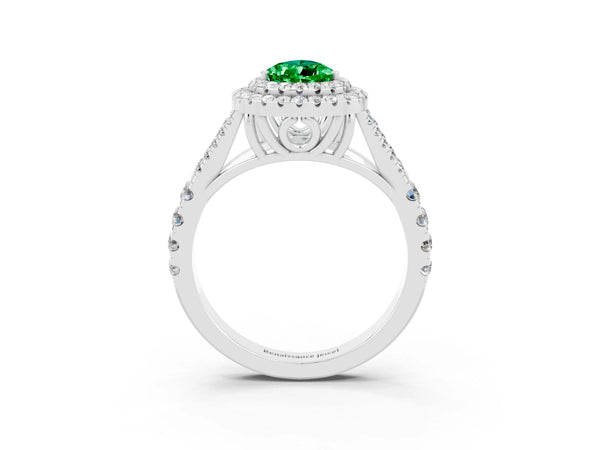 Platinum Double Halo Pear Cut Emerald Split Shank Engagement Ring with Four-Prong Setting