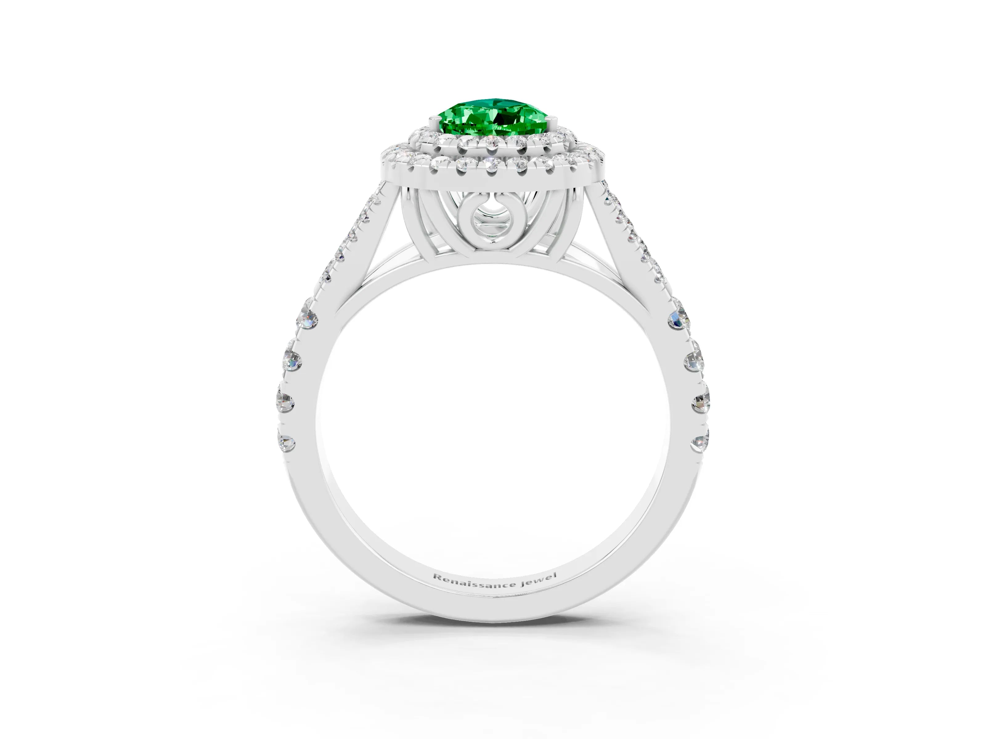 White gold Double Halo Pear Cut Emerald Split Shank Engagement Ring with Four-Prong Setting_3