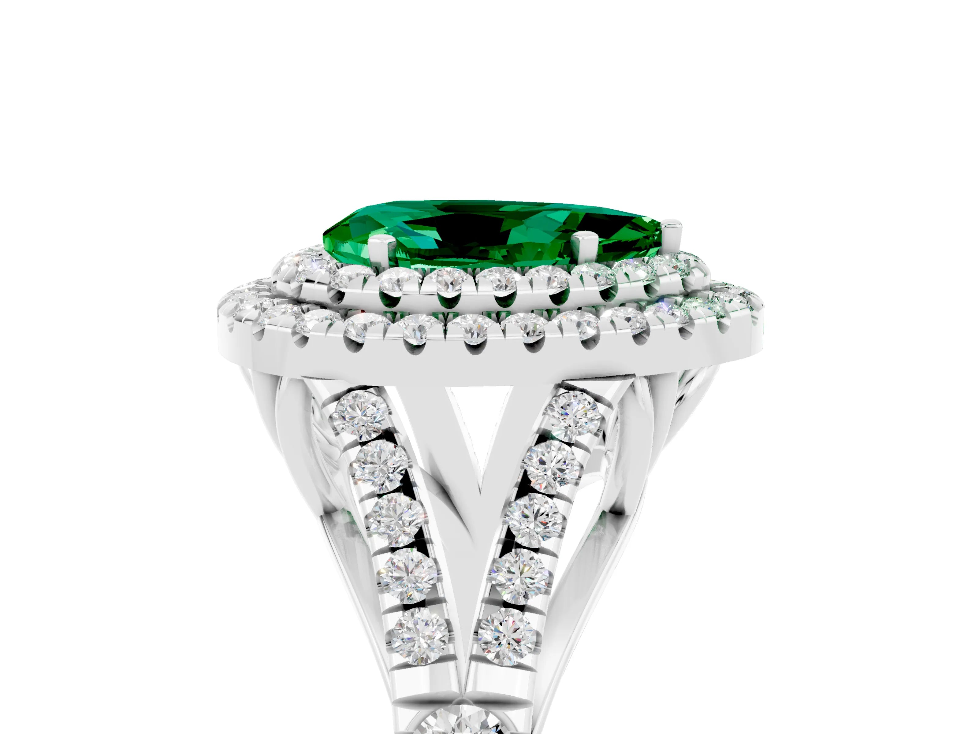 White gold Double Halo Pear Cut Emerald Split Shank Engagement Ring with Four-Prong Setting_5