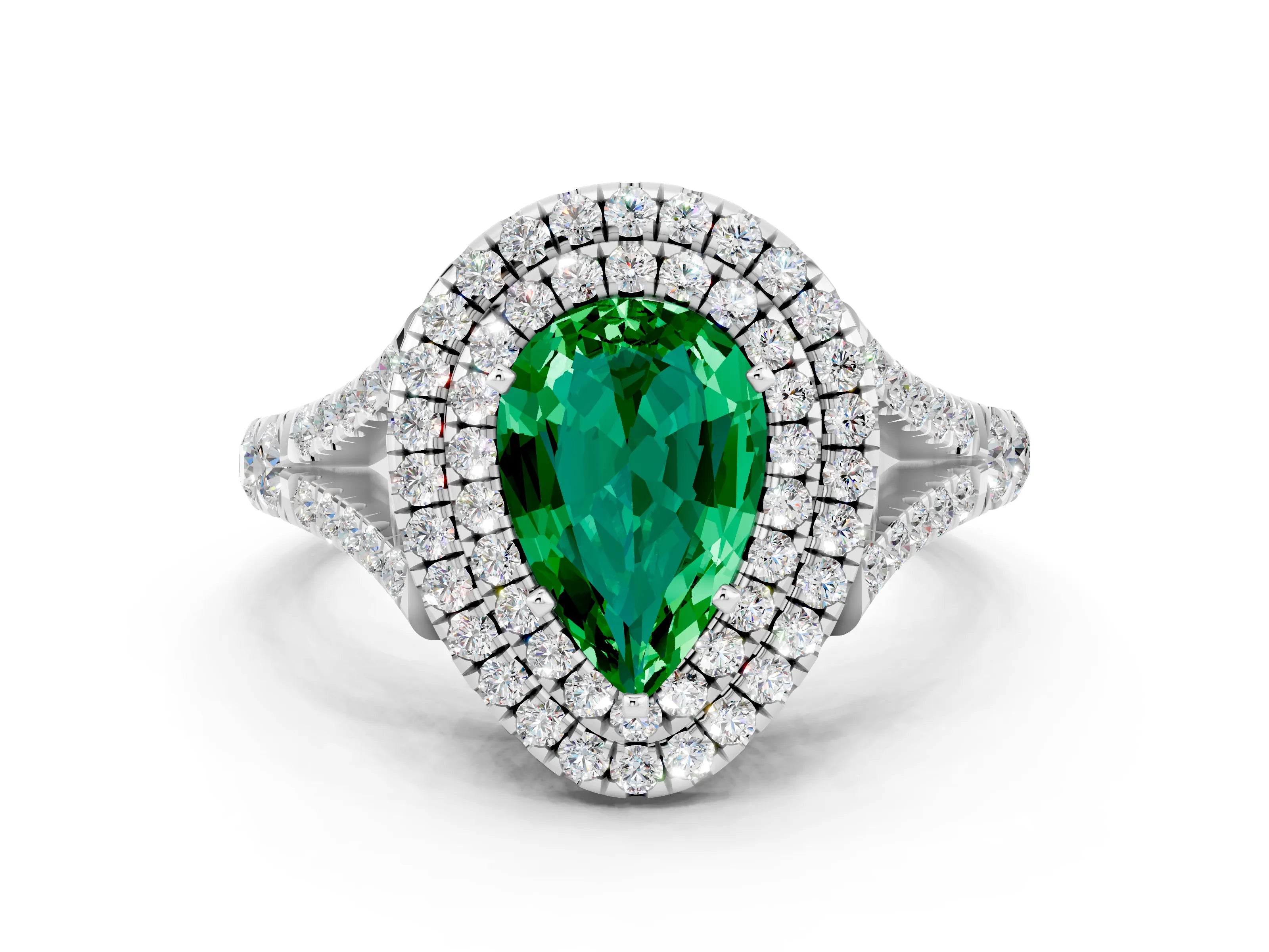 White gold Double Halo Pear Cut Emerald Split Shank Engagement Ring with Four-Prong Setting