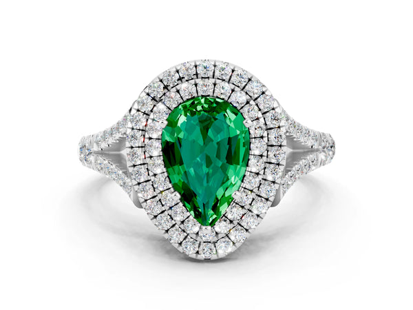 White gold Double Halo Pear Cut Emerald Split Shank Engagement Ring with Four-Prong Setting
