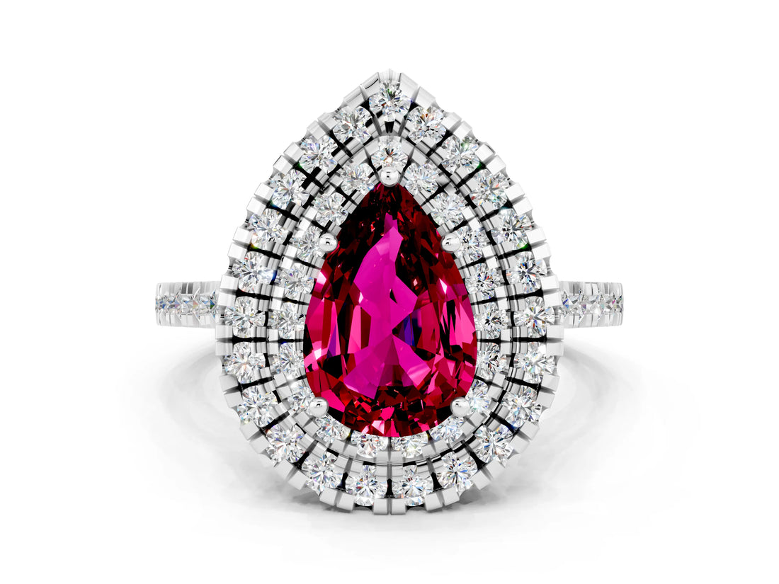 White gold Double Halo Pear Cut Garnet Pavé Band with Four-Prong Setting