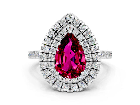 White gold Double Halo Pear Cut Garnet Pavé Band with Four-Prong Setting