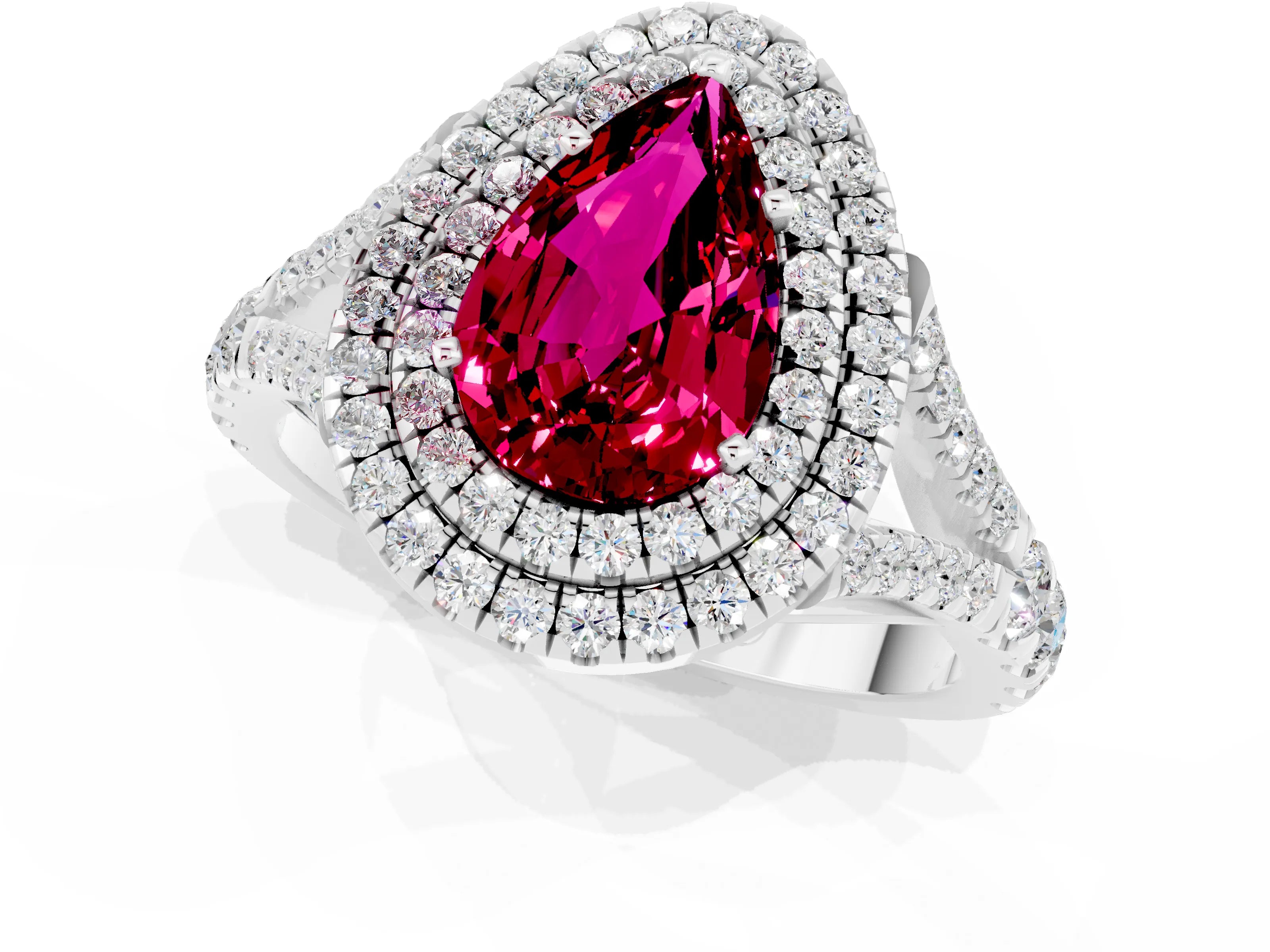 White gold Double Halo Pear Cut Garnet Pavé Split Shank Ring with Prong Setting_1