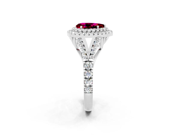 White gold Double Halo Pear Cut Garnet Pavé Split Shank Ring with Prong Setting