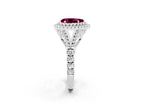 White gold Double Halo Pear Cut Garnet Pavé Split Shank Ring with Prong Setting_2