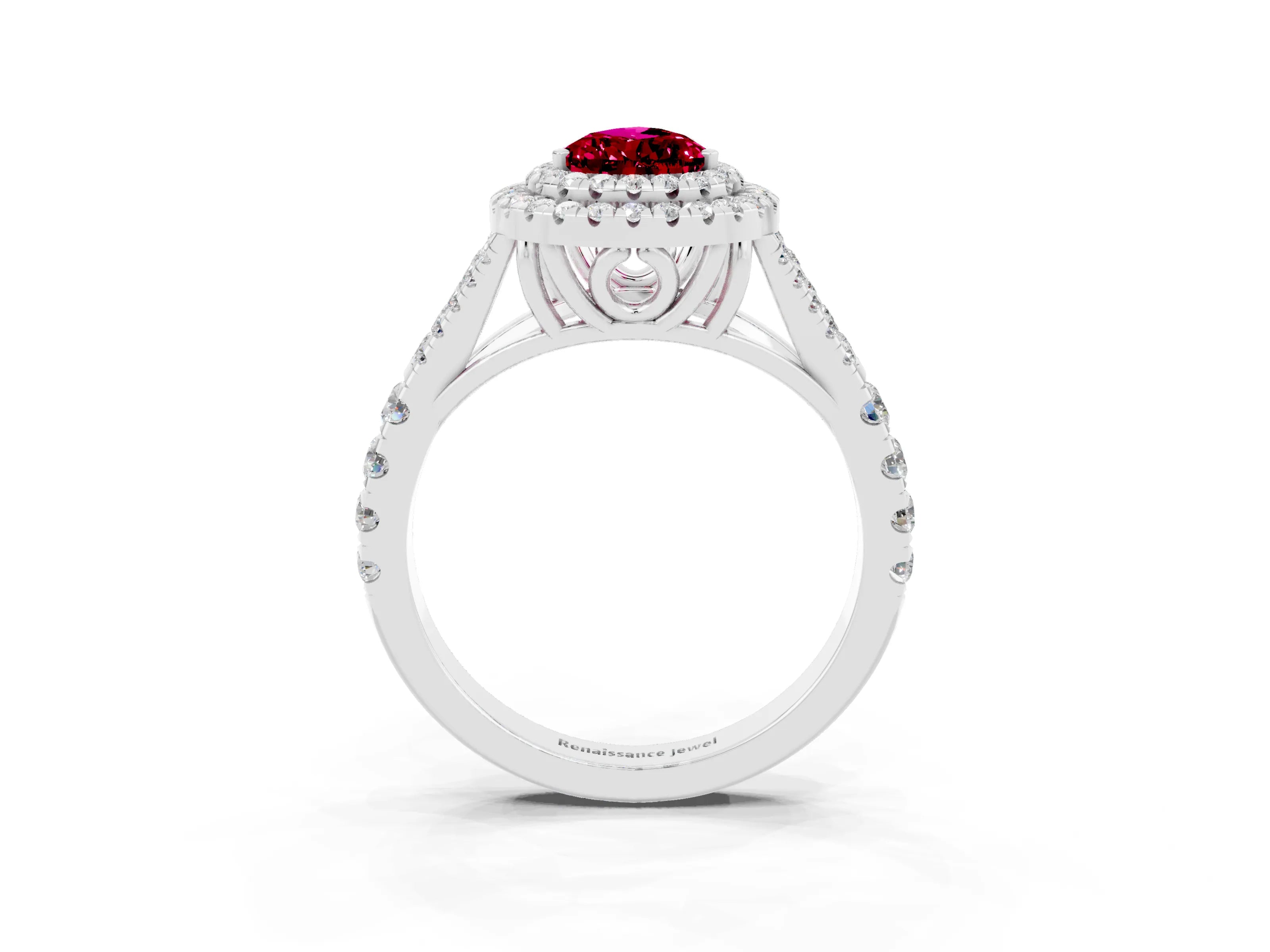 White gold Double Halo Pear Cut Garnet Pavé Split Shank Ring with Prong Setting_3