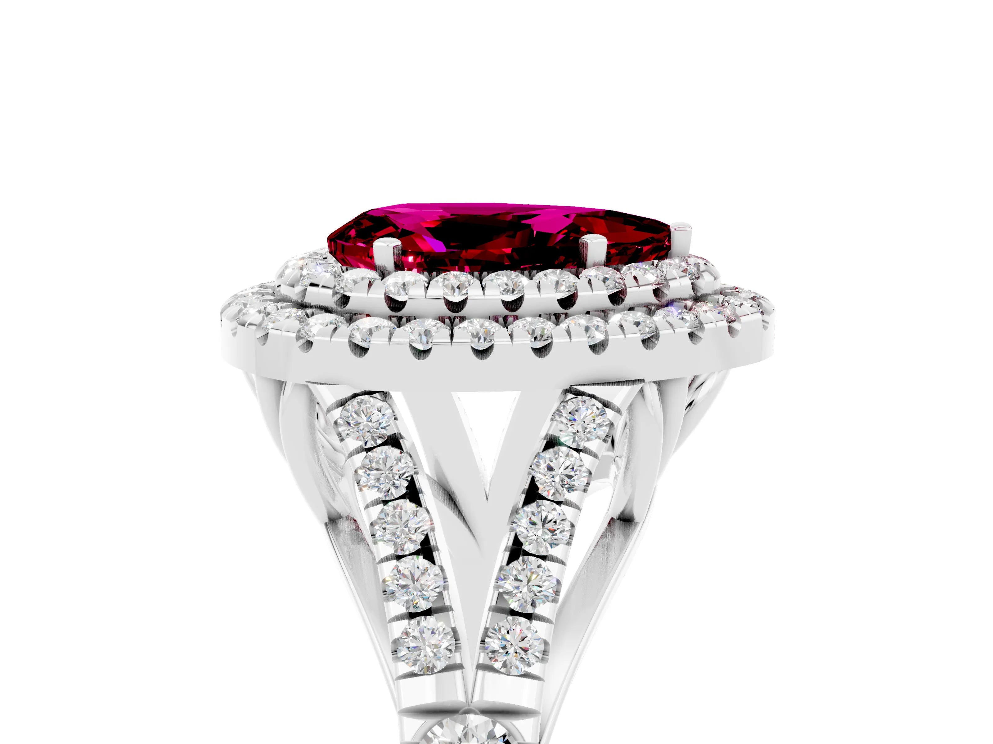 White gold Double Halo Pear Cut Garnet Pavé Split Shank Ring with Prong Setting_5