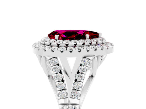 White gold Double Halo Pear Cut Garnet Pavé Split Shank Ring with Prong Setting_5