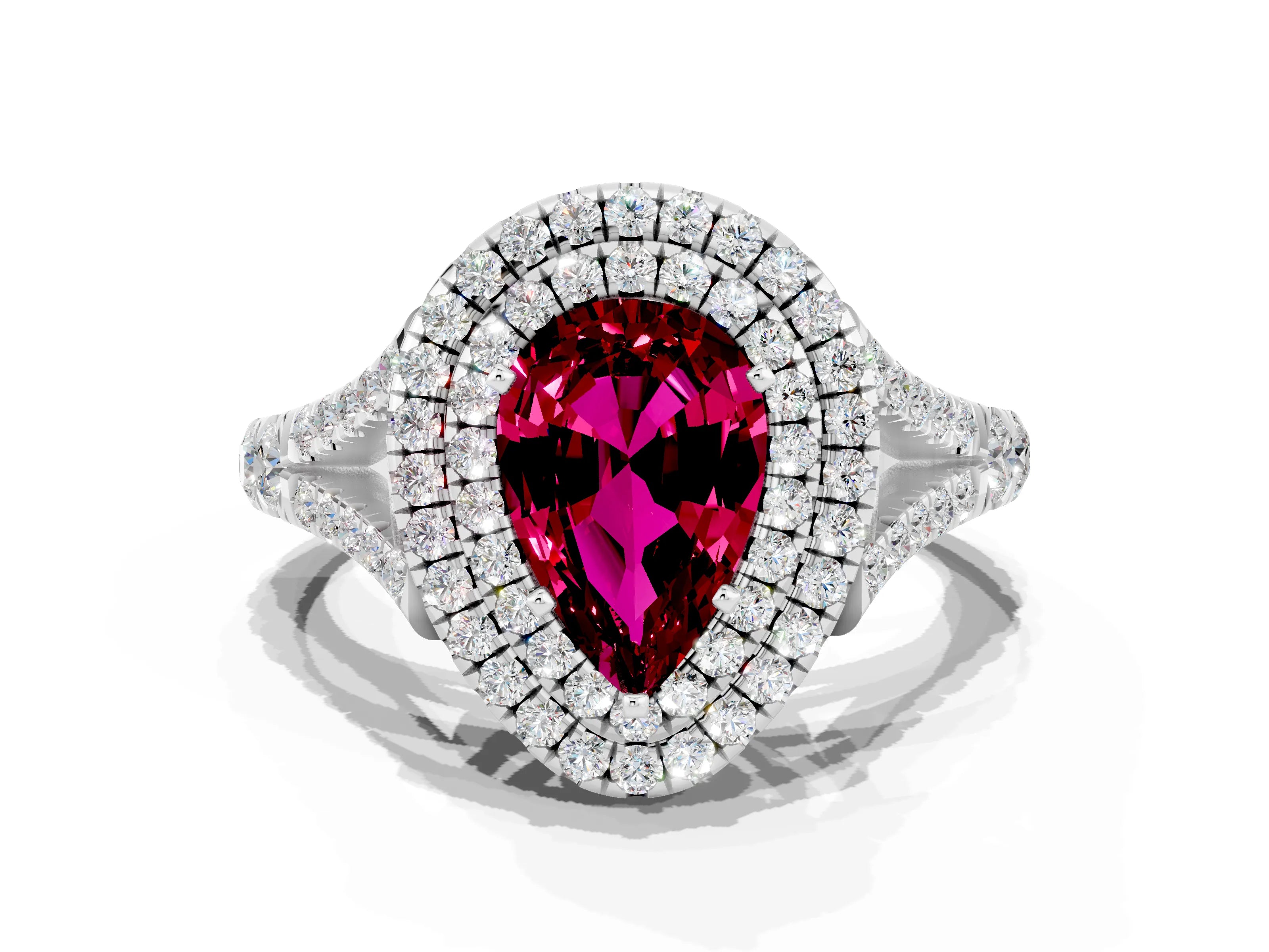 White gold Double Halo Pear Cut Garnet Pavé Split Shank Ring with Prong Setting
