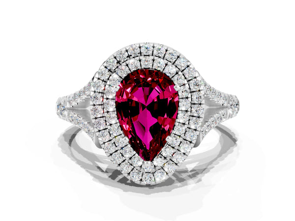 Silver Double Halo Pear Cut Garnet Pavé Split Shank Ring with Prong Setting