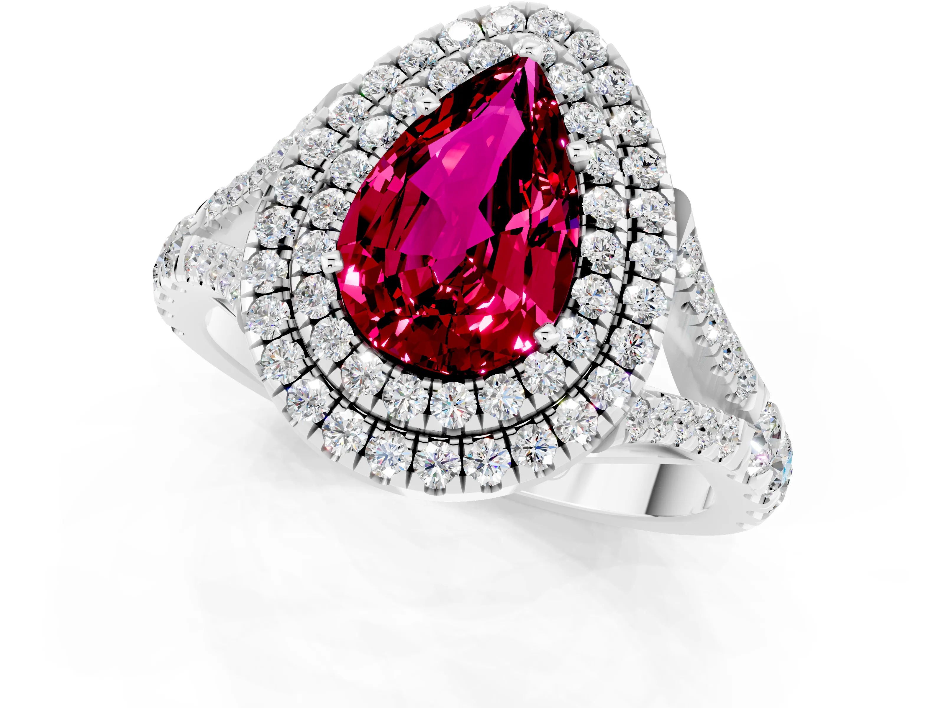 White gold Double Halo Pear Cut Garnet Split Shank Engagement Ring with Four-Prong Setting_1