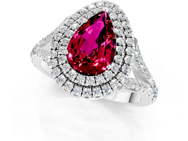 White gold Double Halo Pear Cut Garnet Split Shank Engagement Ring with Four-Prong Setting