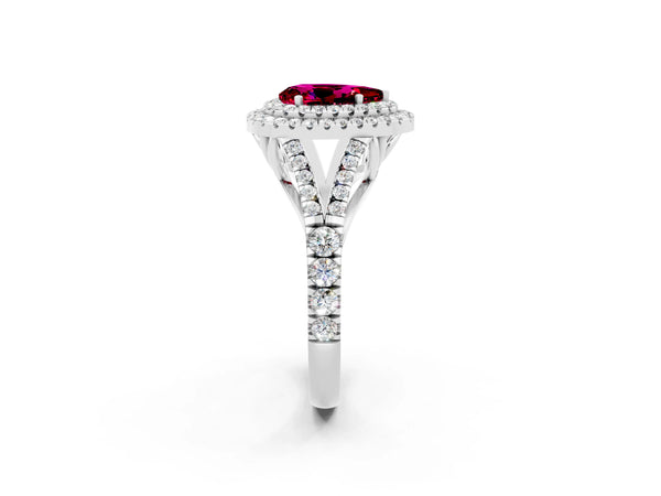 Silver Double Halo Pear Cut Garnet Split Shank Engagement Ring with Four-Prong Setting