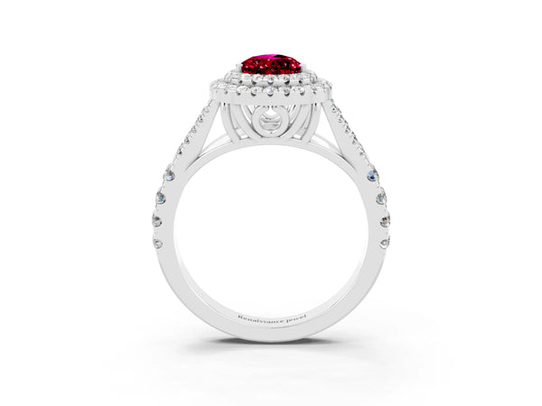 Silver Double Halo Pear Cut Garnet Split Shank Engagement Ring with Four-Prong Setting