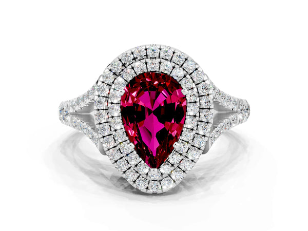 Silver Double Halo Pear Cut Garnet Split Shank Engagement Ring with Four-Prong Setting