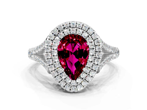 White gold Double Halo Pear Cut Garnet Split Shank Engagement Ring with Four-Prong Setting