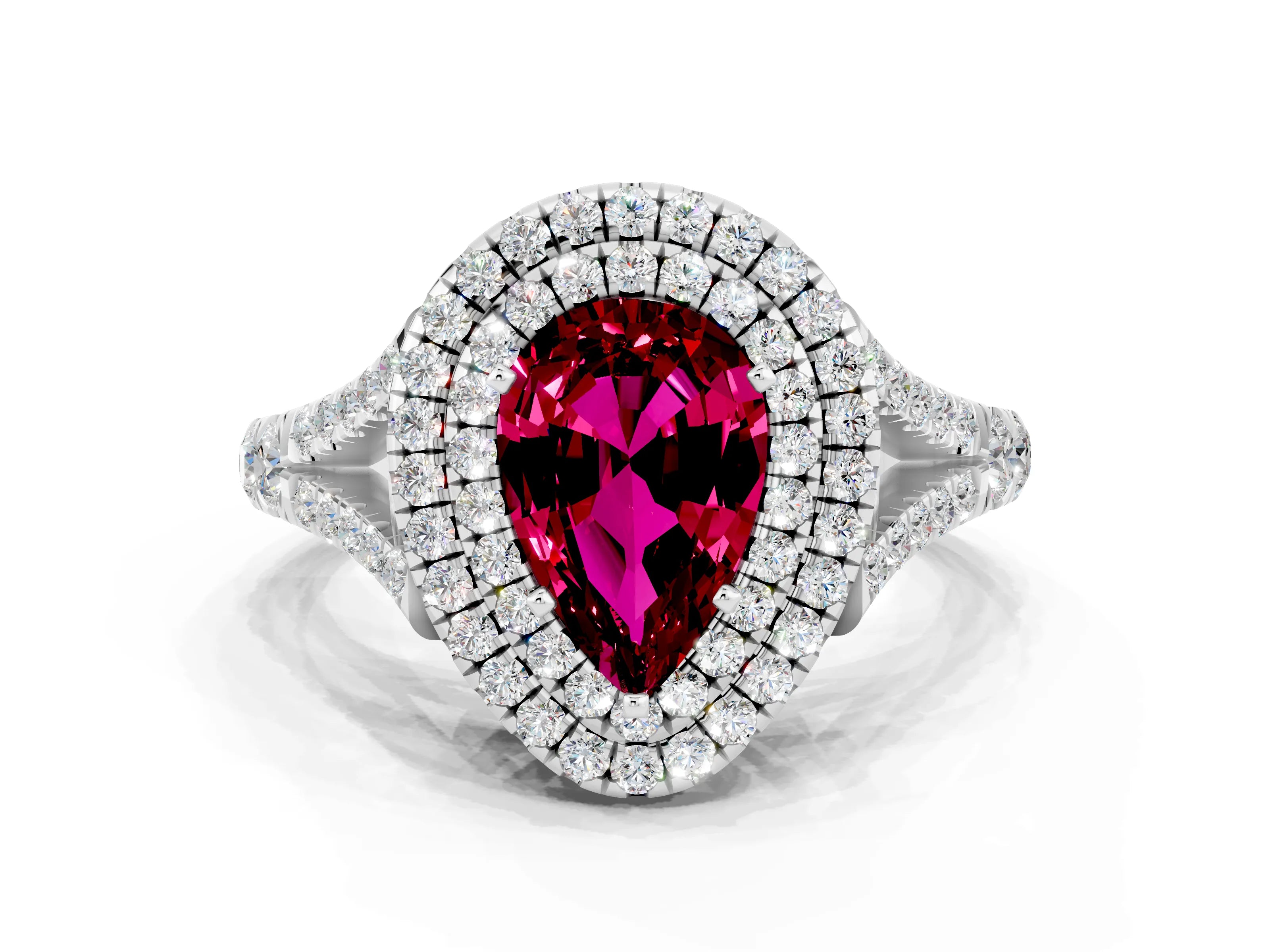 White gold Double Halo Pear Cut Garnet Split Shank Engagement Ring with Four-Prong Setting