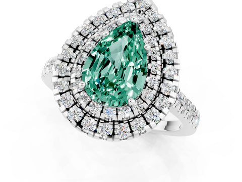 White gold Double Halo Pear Cut Green Sapphire Pavé Band with Four-Prong Setting_1