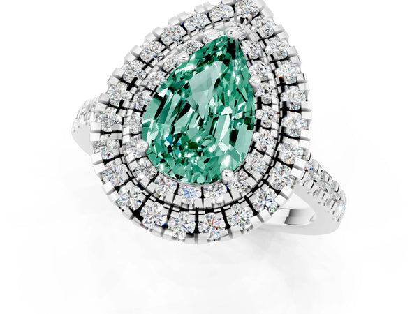 Silver Double Halo Pear Cut Green Sapphire Pavé Band with Four-Prong Setting