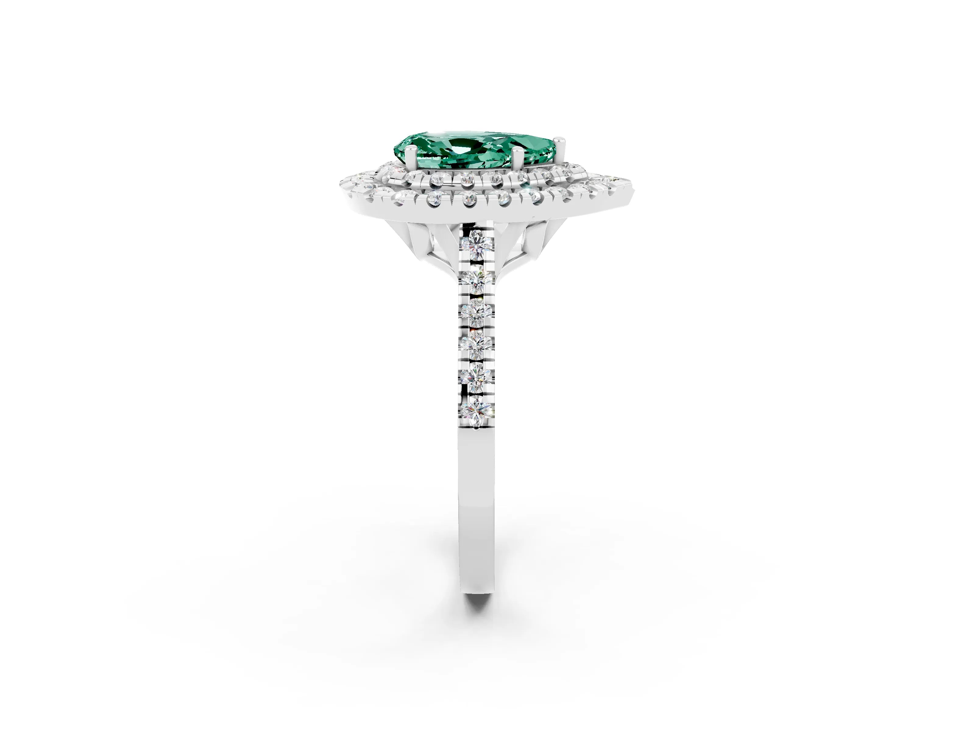 White gold Double Halo Pear Cut Green Sapphire Pavé Band with Four-Prong Setting_2
