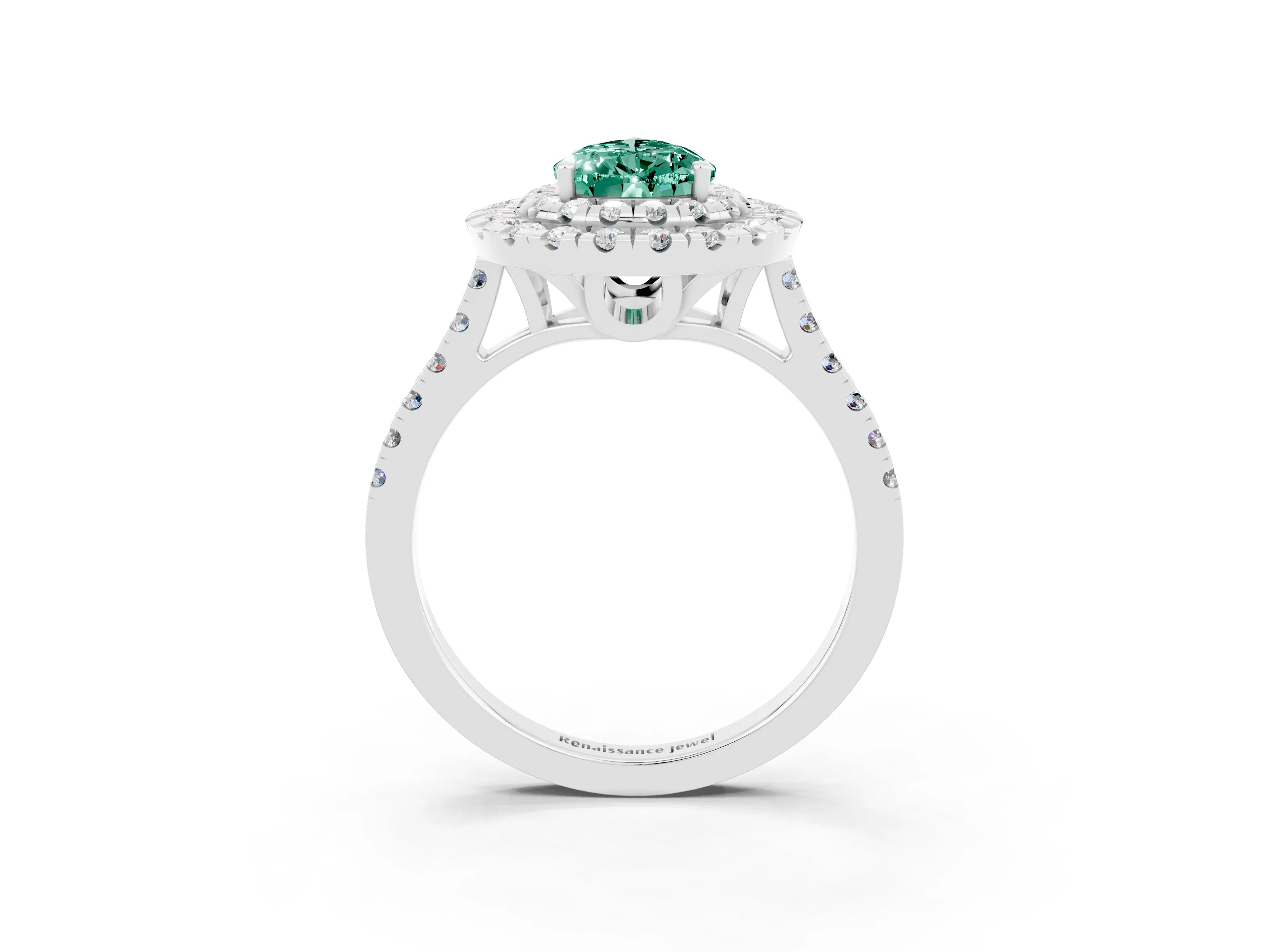 White gold Double Halo Pear Cut Green Sapphire Pavé Band with Four-Prong Setting_3