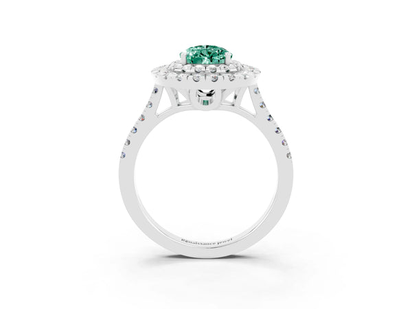 White gold Double Halo Pear Cut Green Sapphire Pavé Band with Four-Prong Setting
