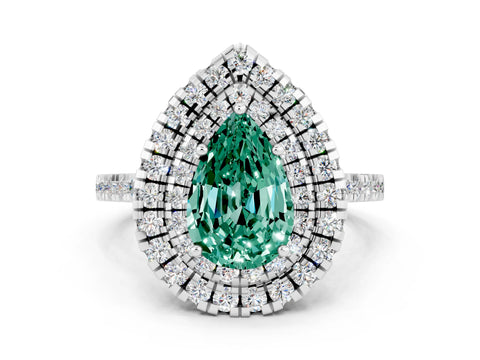 White gold Double Halo Pear Cut Green Sapphire Pavé Band with Four-Prong Setting