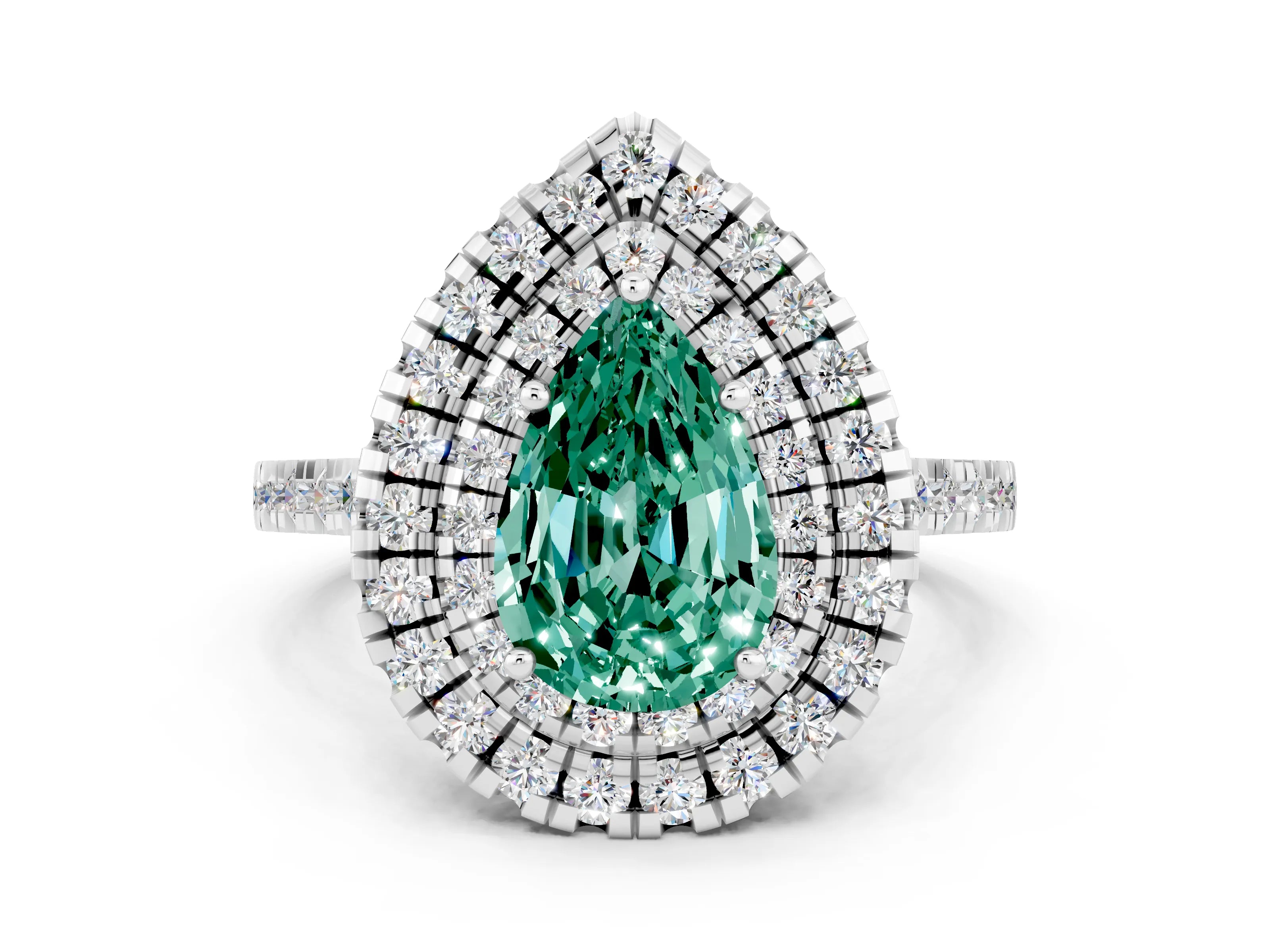 White gold Double Halo Pear Cut Green Sapphire Pavé Band with Four-Prong Setting