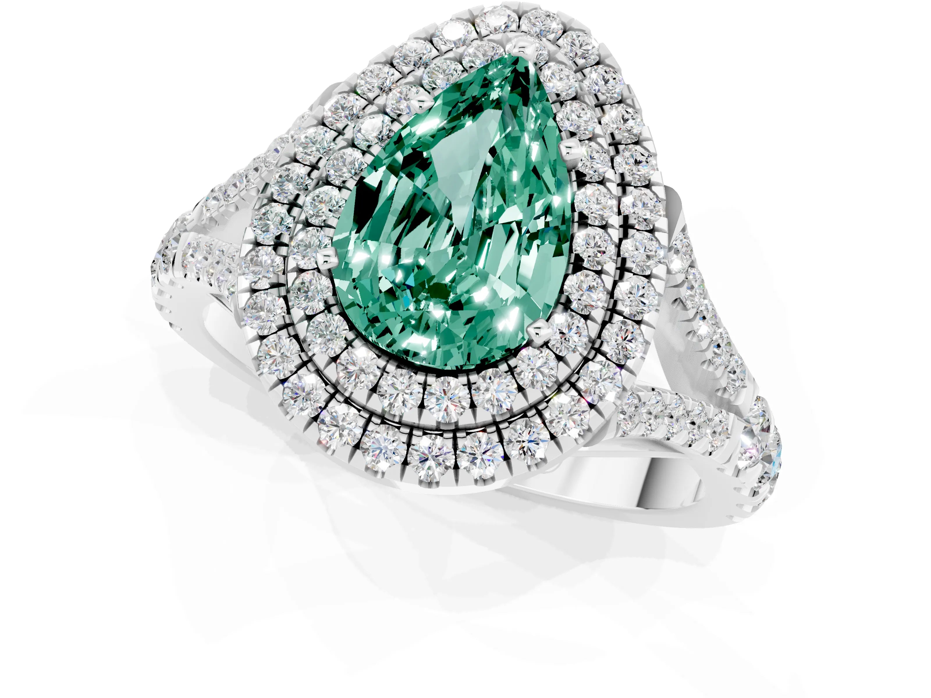 White gold Double Halo Pear Cut Green Sapphire Pavé Split Shank Ring with Prong Setting_1
