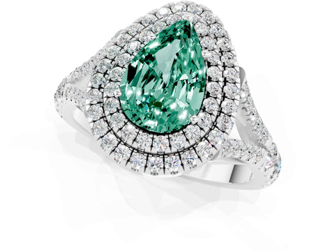 White gold Double Halo Pear Cut Green Sapphire Pavé Split Shank Ring with Prong Setting_1