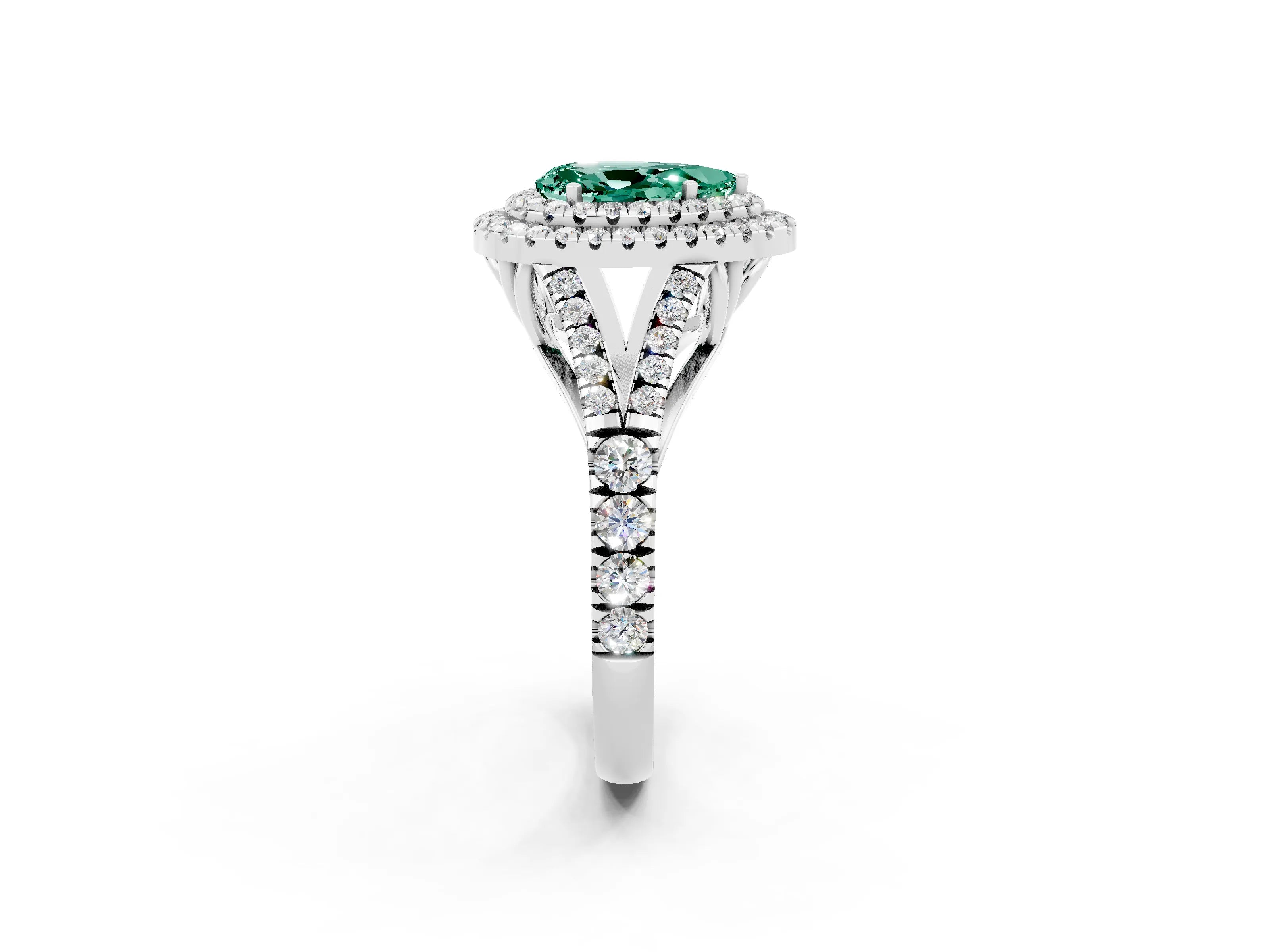 White gold Double Halo Pear Cut Green Sapphire Pavé Split Shank Ring with Prong Setting_2