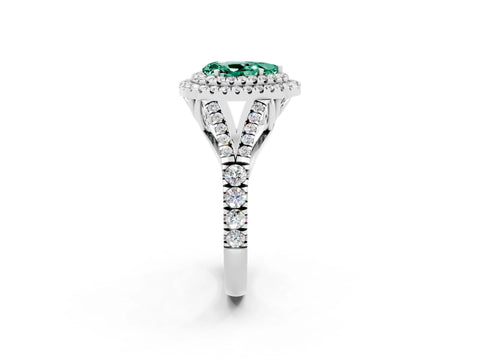White gold Double Halo Pear Cut Green Sapphire Pavé Split Shank Ring with Prong Setting_2