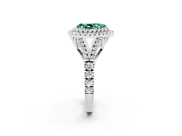 White gold Double Halo Pear Cut Green Sapphire Pavé Split Shank Ring with Prong Setting