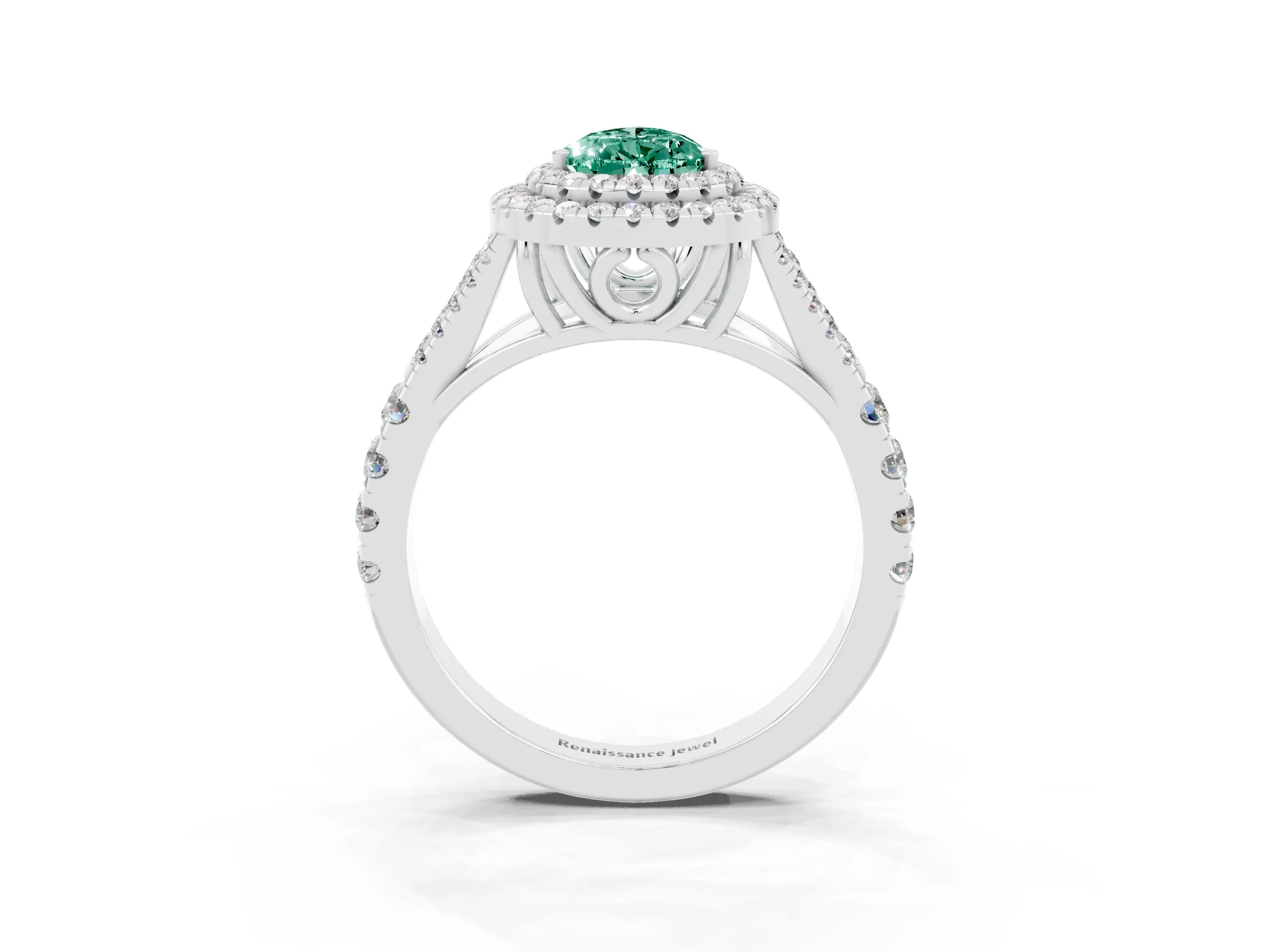 White gold Double Halo Pear Cut Green Sapphire Pavé Split Shank Ring with Prong Setting_3