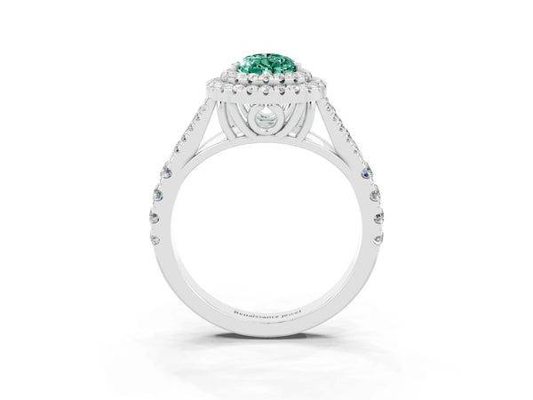 Silver Double Halo Pear Cut Green Sapphire Pavé Split Shank Ring with Prong Setting