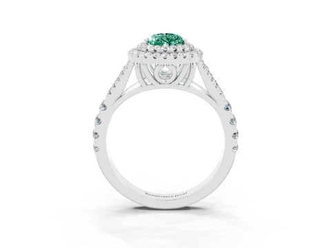 White gold Double Halo Pear Cut Green Sapphire Pavé Split Shank Ring with Prong Setting_3